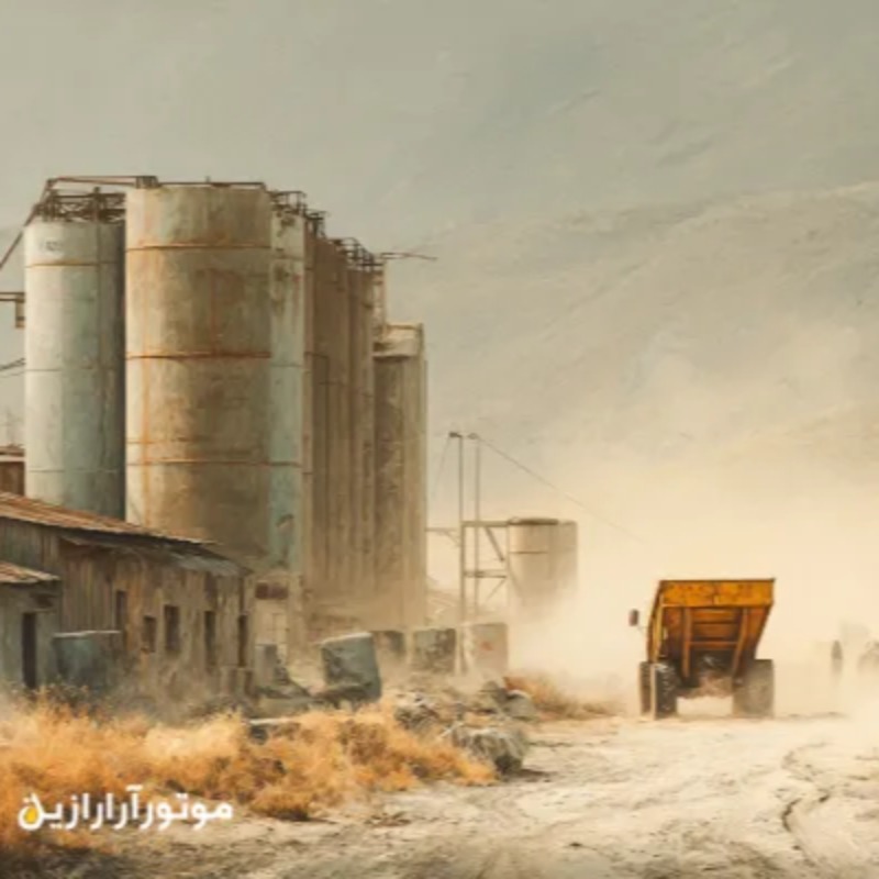 نمایی غبارآلود از منطقه مرزی میرجاوه؛ تراکتورها، دامپرها و ماشینآلات سنگین در حال حرکت در اقلیم گرم و خشک، نشاندهنده نیاز حیاتی به روغن موتور و روغن صنعتی برای کارایی مداوم