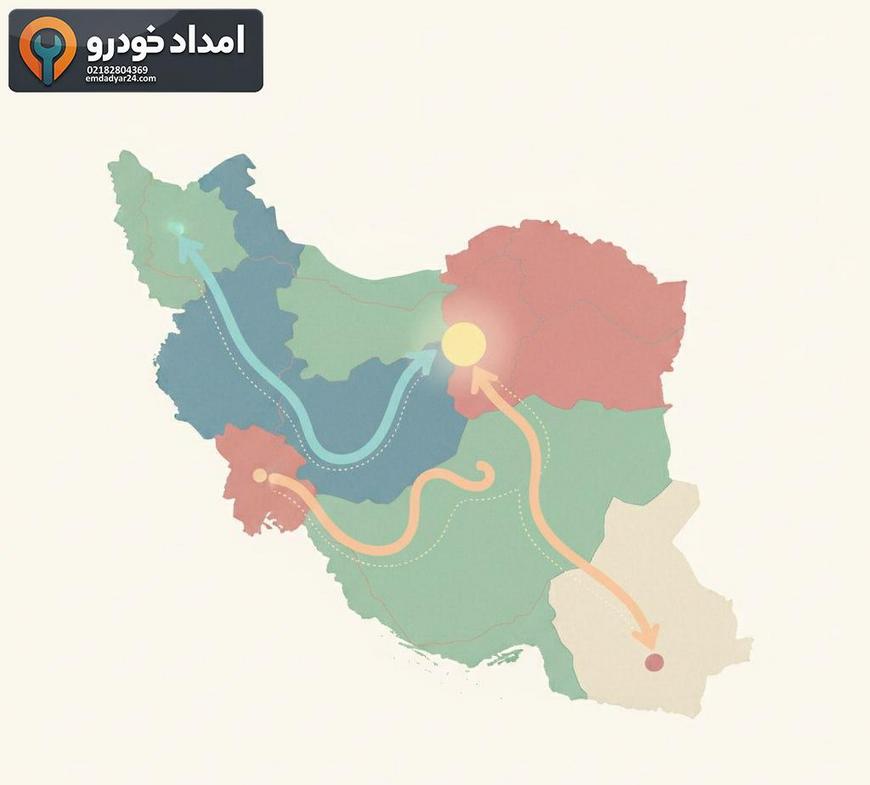 نقشه ایران با هایلایت تهران و فلشهایی که حمل طولانی خودرو به شهرهای دیگر را نشان میدهد