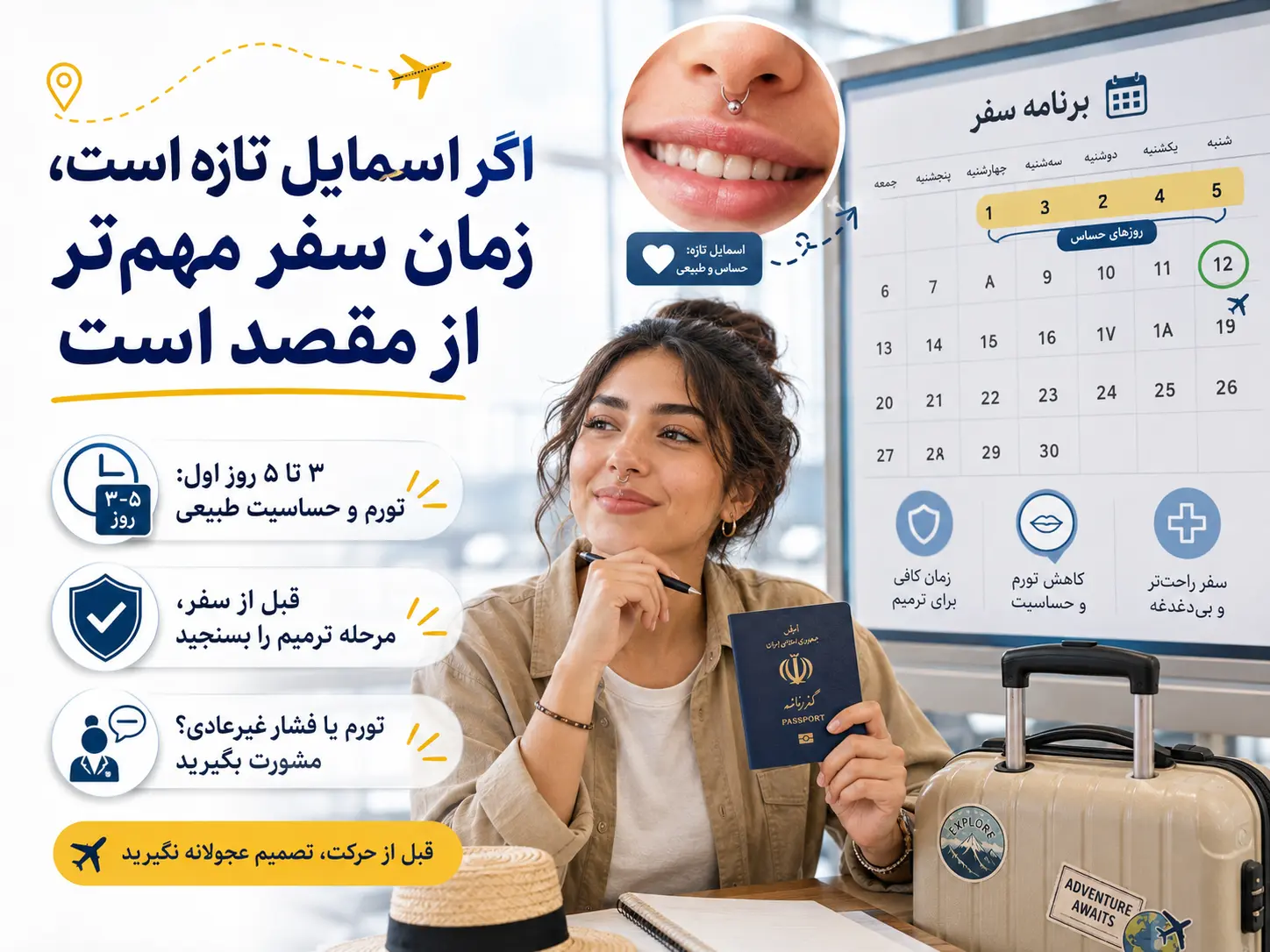 زمان مناسب سفر بعد از پیرسینگ اسمایل تازه و توجه به روزهای ابتدایی ترمیم