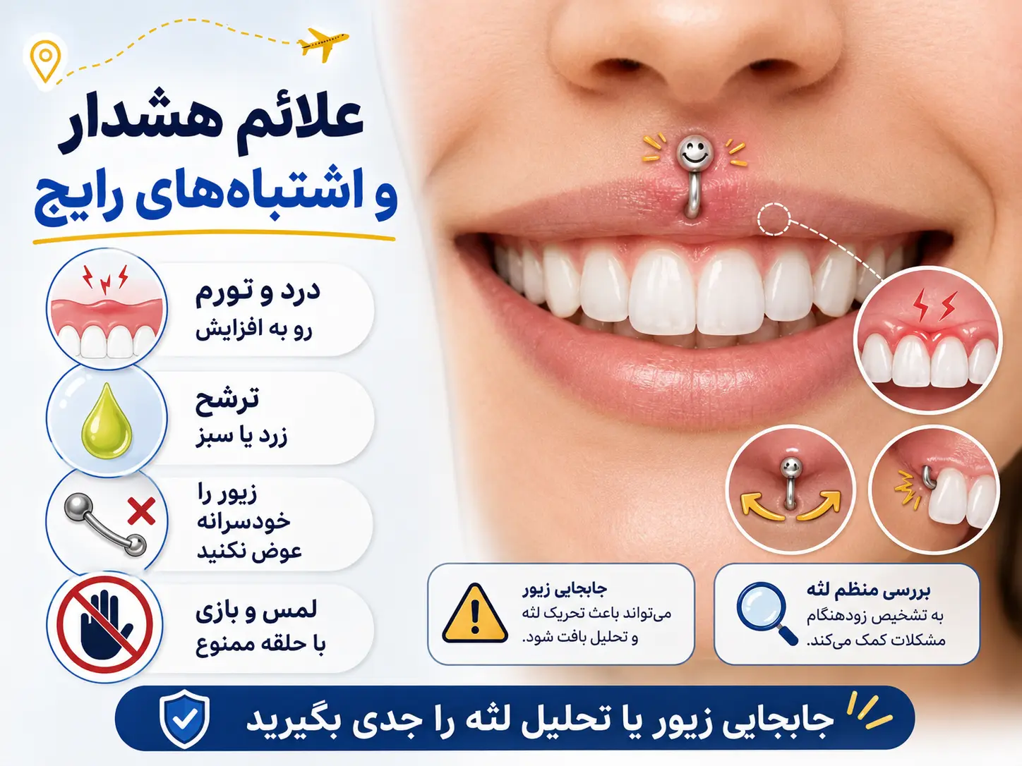 علائم هشدار پیرسینگ اسمایل شامل افزایش درد و تورم، ترشح، جابهجایی زیور و تحریک لثه